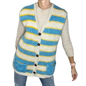 Vintage hand knit boxy beige yellow blue stripe sweater vest